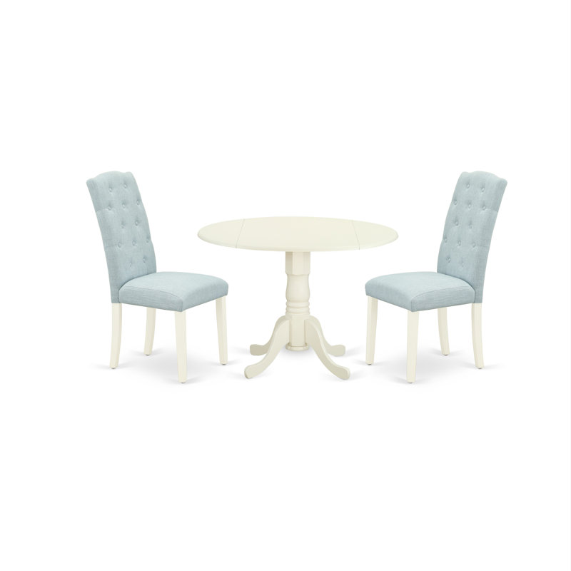 3 Piece Dining Table Set Contains a Round Dining Room Table with Dropleaf and 2 Baby Blue Linen Fabric Upholstered Chairs, Linen White