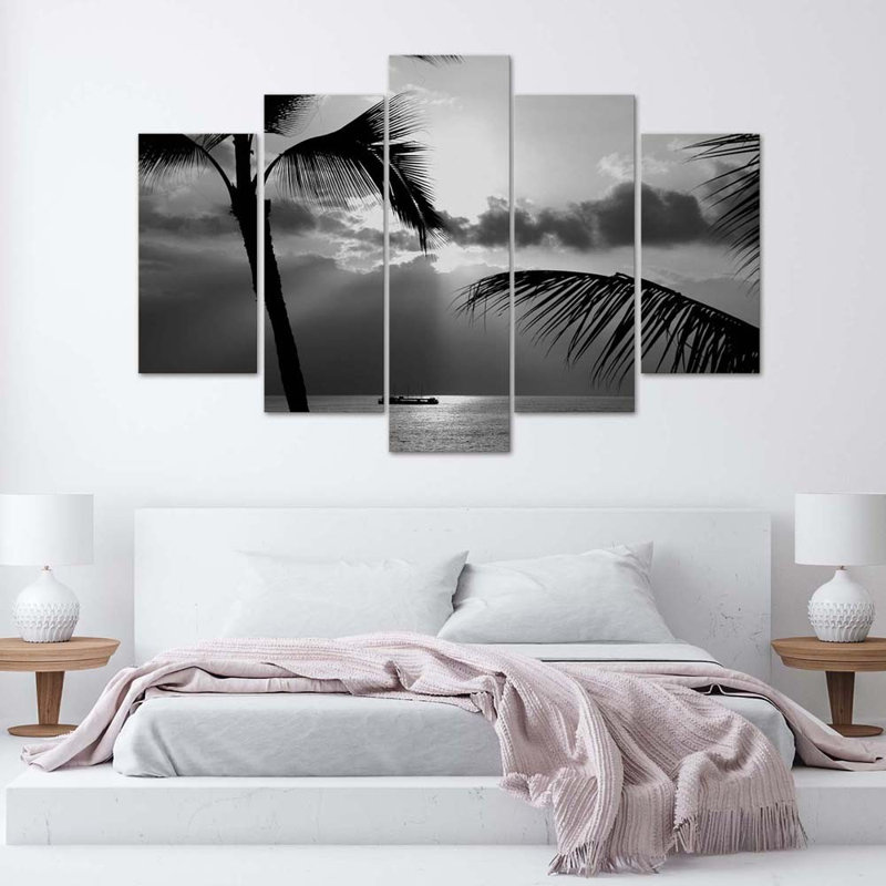 Sea Palm Trees In Black And White - 5 Piece No Frame Set on Canvas, 100cm H x 200cm W