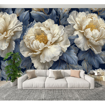 Floral Peel and Stick Wallpaper Romantic White Gold Peonies Deep Blue Leaves Botanical Art Wall Murals 100"H x 144"W Removable PVC Wall Paper Self-Adhesive Wall Paintings Art Decor for Boys Bedroom Play Room Men Cave Beauty Salon