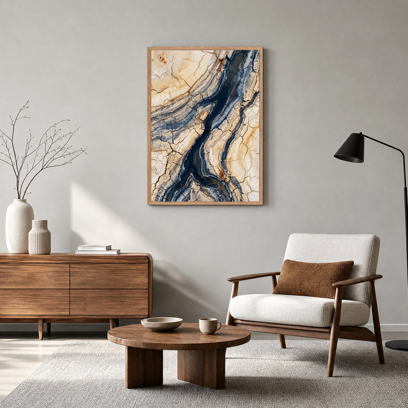 Tableau sur toile à motif craquelé organique beige et bleu foncé, H 48 po x l 32 po