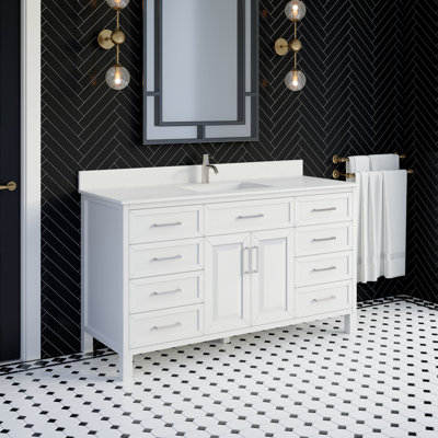 Terrence II Solid Wood 60" W X 22" D Single Sink Bathroom Vanity In White With Stealth Organizer And Engineered Stone Top