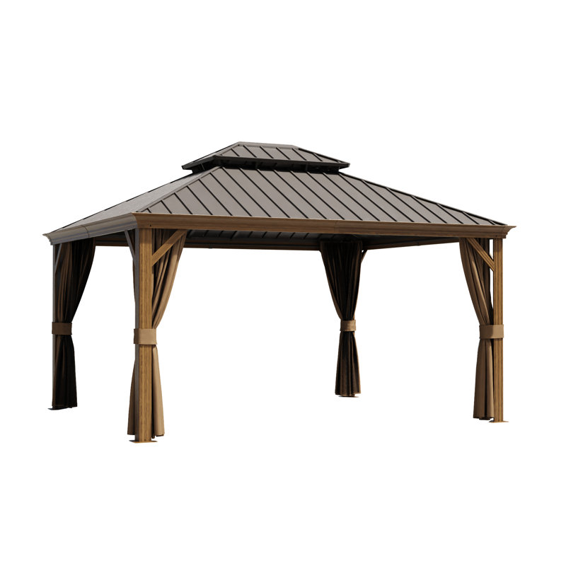 14 pi. L 12 pi. D Pavillon de jardin extérieur en aluminium à toit rigide avec toit à double couche, rideaux et moustiquaire