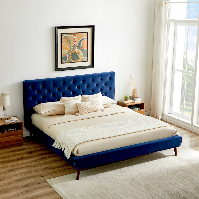 Nico Upholstered Platform Bed, Dark Blue, King