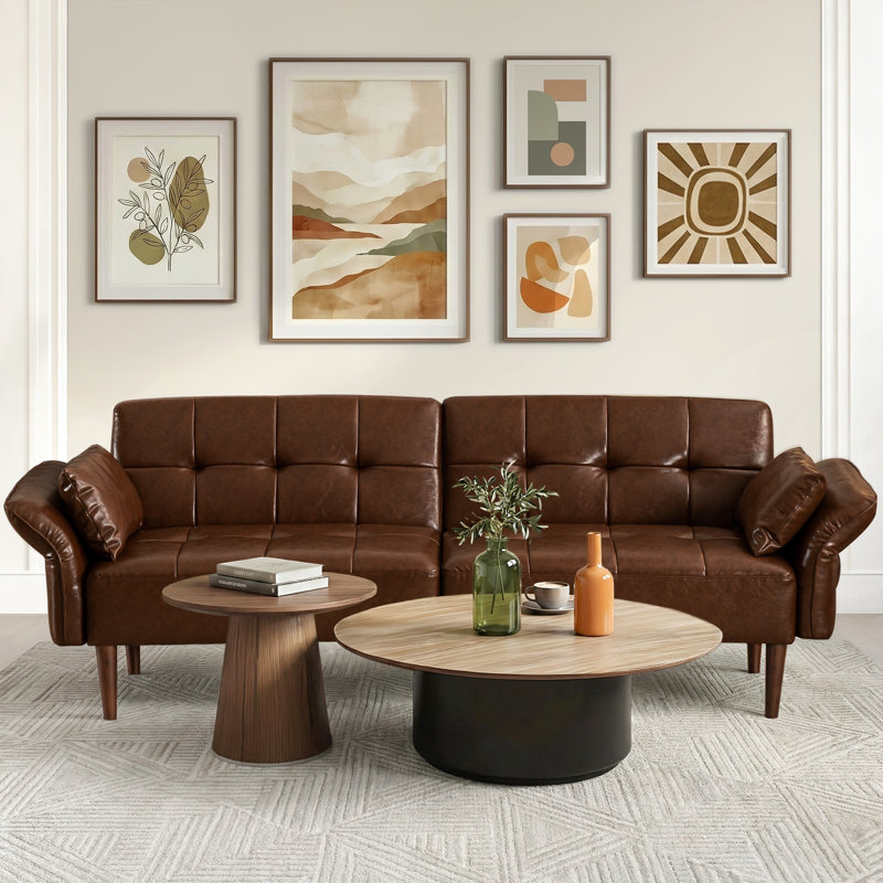 Latitude Run® Faux Leather Upholstered Futon Sofa Bed with Armrests and Backrest Adjustable, Red Brown
