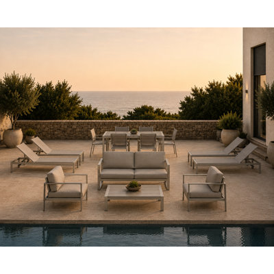 Aynura 15-Piece Outdoor Dining & Lounge Set – Anodized Silver Aluminum Patio Furniture with Dining Table, Stackable Chairs, Sofa Set & 4 Reclining Loungers - Grey