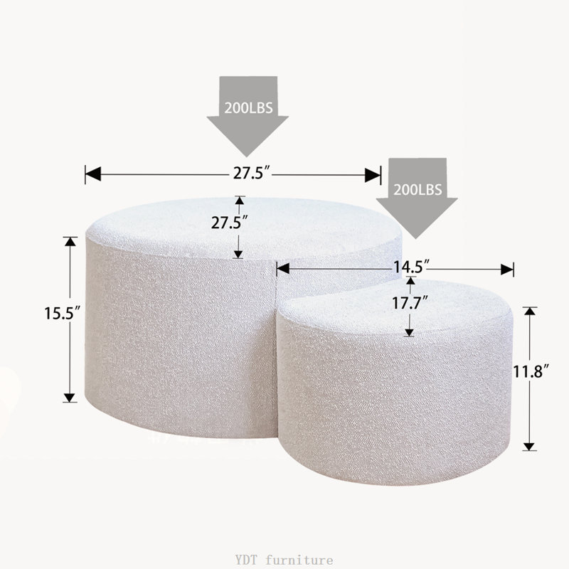 Ensemble de 2 tables basses gigognes rembourrées, tissu teint en fil beige, table d'appoint / repose-pieds / repose-pieds