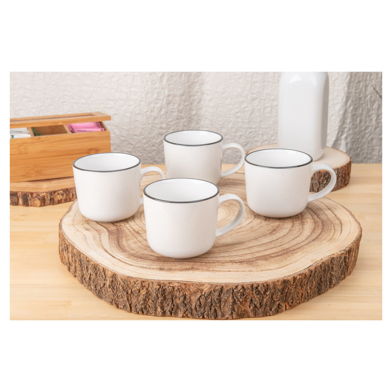 Set of 4 White Ceramic Mugs with Black Rim