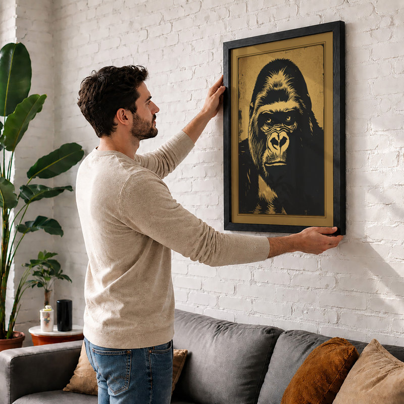 Gorilla Stare Rustic - Framed Print, Oak, A4 - 29.7 x 21.0 cm