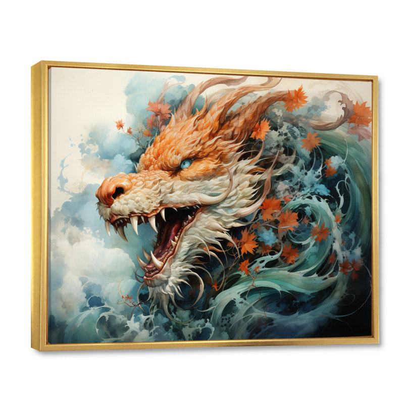 Asian Art Dragons Dance - reproduction d'art, H 34 po x l 44 po x P 1,5 po, Cadre flottant doré