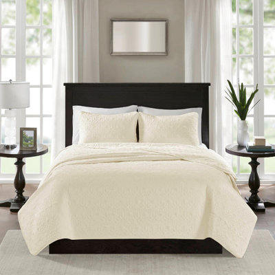Courtepointe réversible en crème pour lit simple / simple TG - literie en coton doux pour une chambre à coucher chaleureuse et invitante de 3 luxueux rembourrés au look élégant comprenant une taie décorative