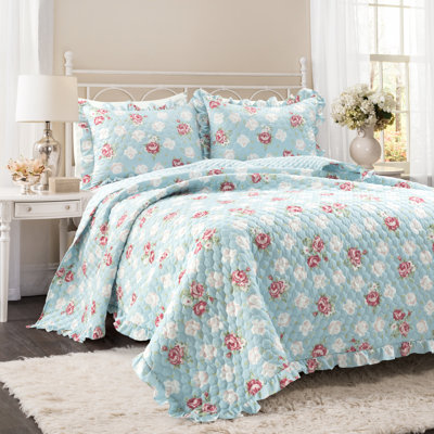 Ensemble de courtepointe réversible en microfibre bleu / rosé 3 pièces