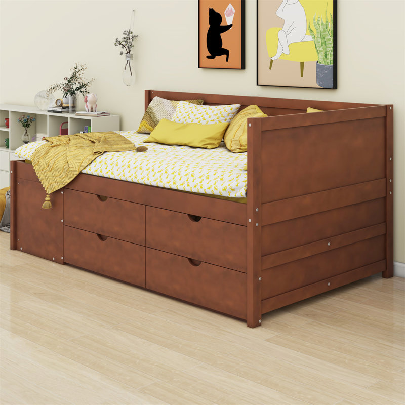 Lit de jour double avec tiroirs et tablettes, Lit simple, Noyer