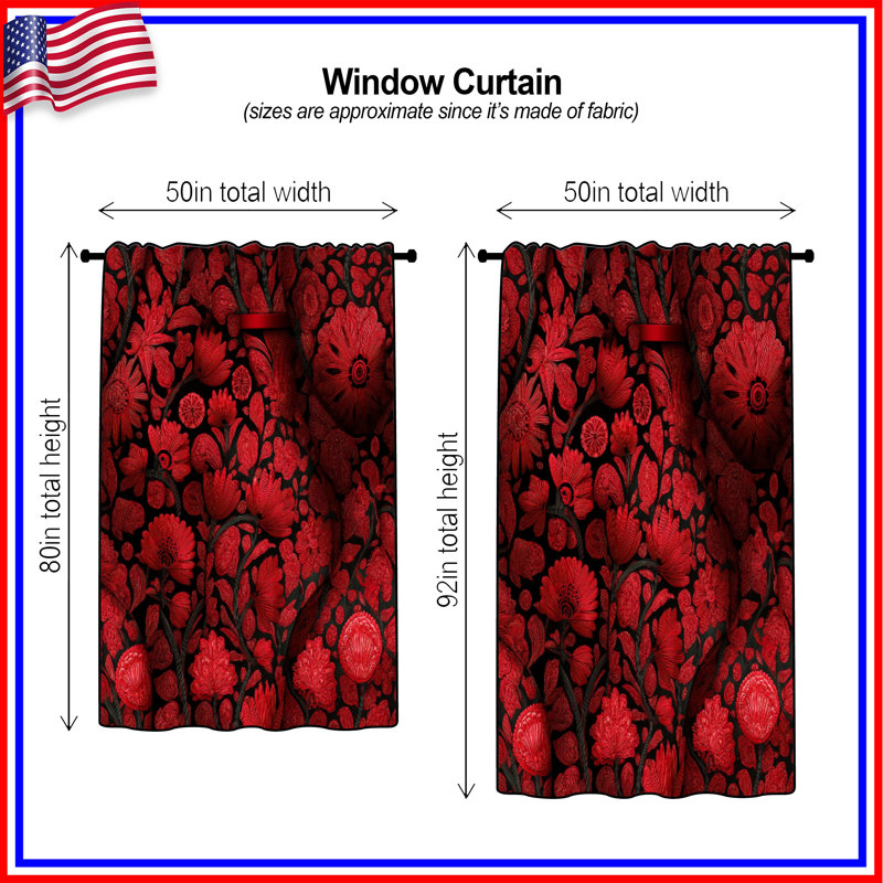 Rideaux de fenêtre à motif de fleurs rouges et voilages à motif floral - 1 panneau, 50" x 92" - 1 Panel, Blockout