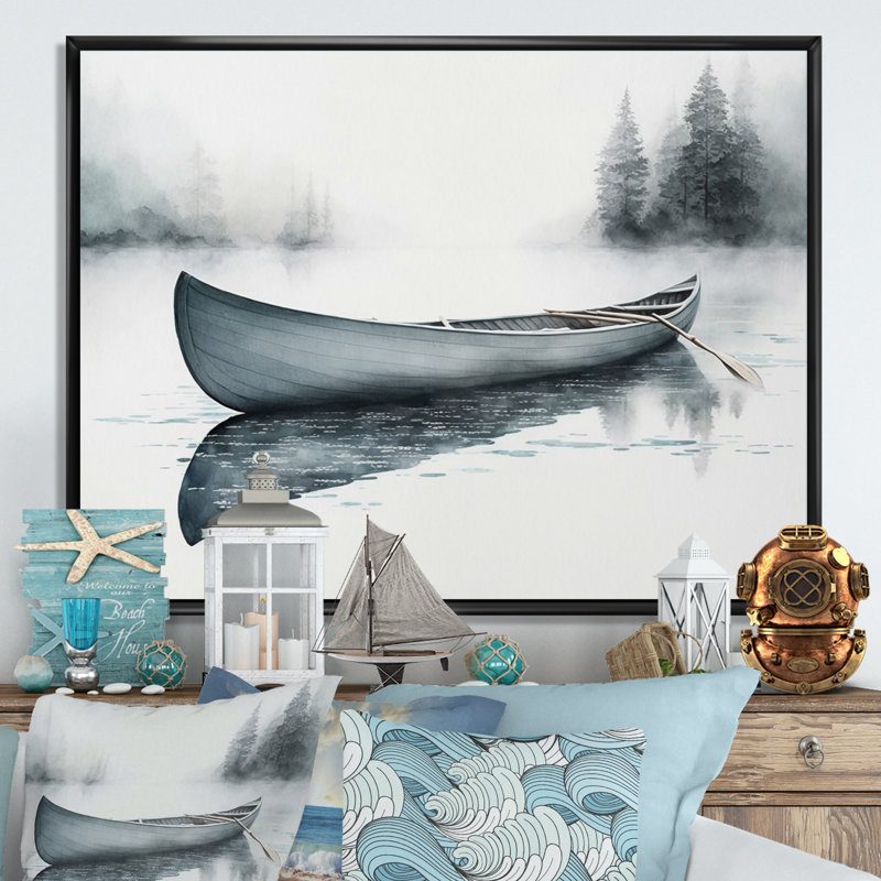 Canot sur le lac II - Bateau côtier, art mural, Cadre flottant noir, 24" H x 32" W