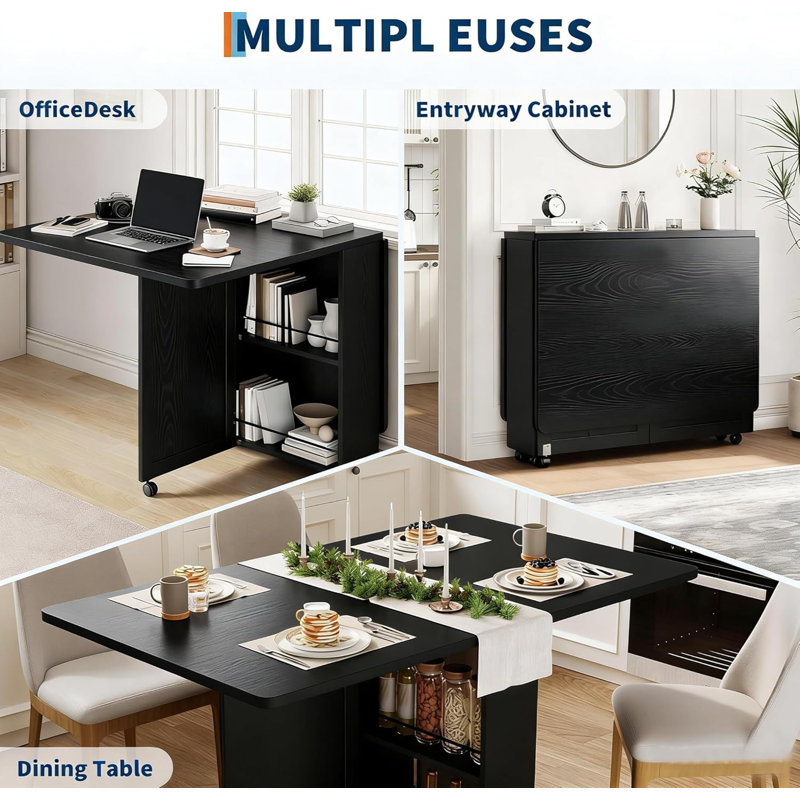Modern Drop-Leaf Folding Dining Table with Drawer, Storage Shelf, and 6 Casters – Extendable Space-Saving Table for Small Apartments, Kitchens, and Multi-Purpose Rooms