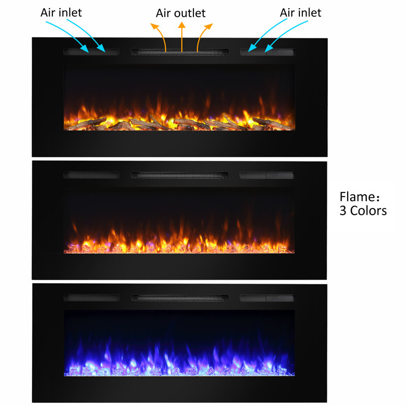 Alice 50 Inches Recessed Electric Fireplace, Flush Mounted for 2 X 6 Stud, Log Set & Crystal, 1500W Heater, Remote Control, Black