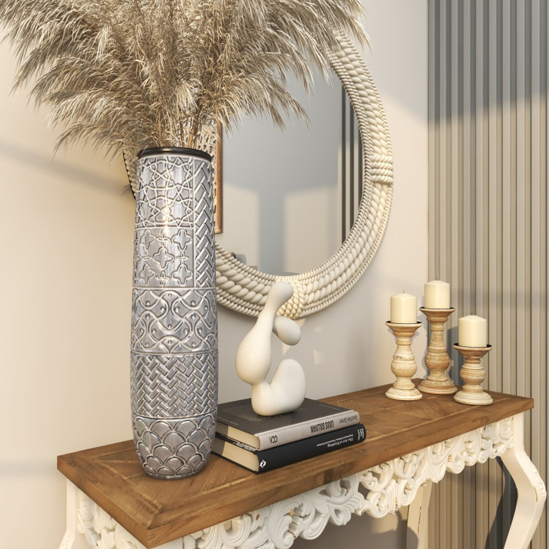 Ceramic Slim Engraved Patterned Decorative Gray Vase, 22" H x 6" W x 6" D