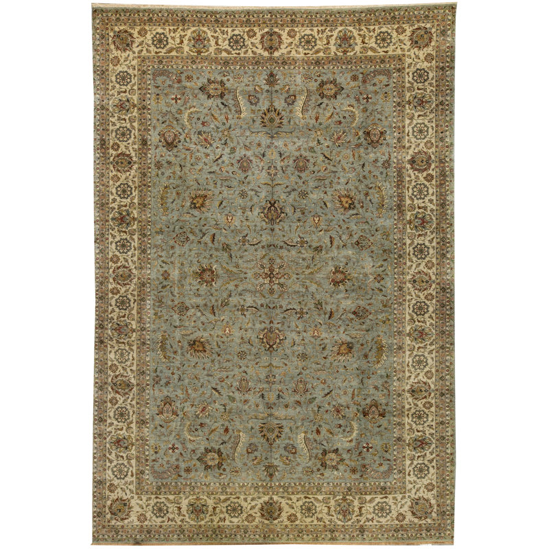 Tapis bleu clair et ivoire noué à la main de haute qualité