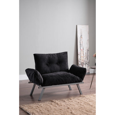Canapé-lit futon deux places avec pieds en métal et revêtement en chenille noir, 124,5 cm de profondeur x 61 cm de largeur x 89 cm de hauteur, poids 13,6 kg. Revêtement et pieds noirs, 124,5 cm P x 61 cm L x 89 cm H.