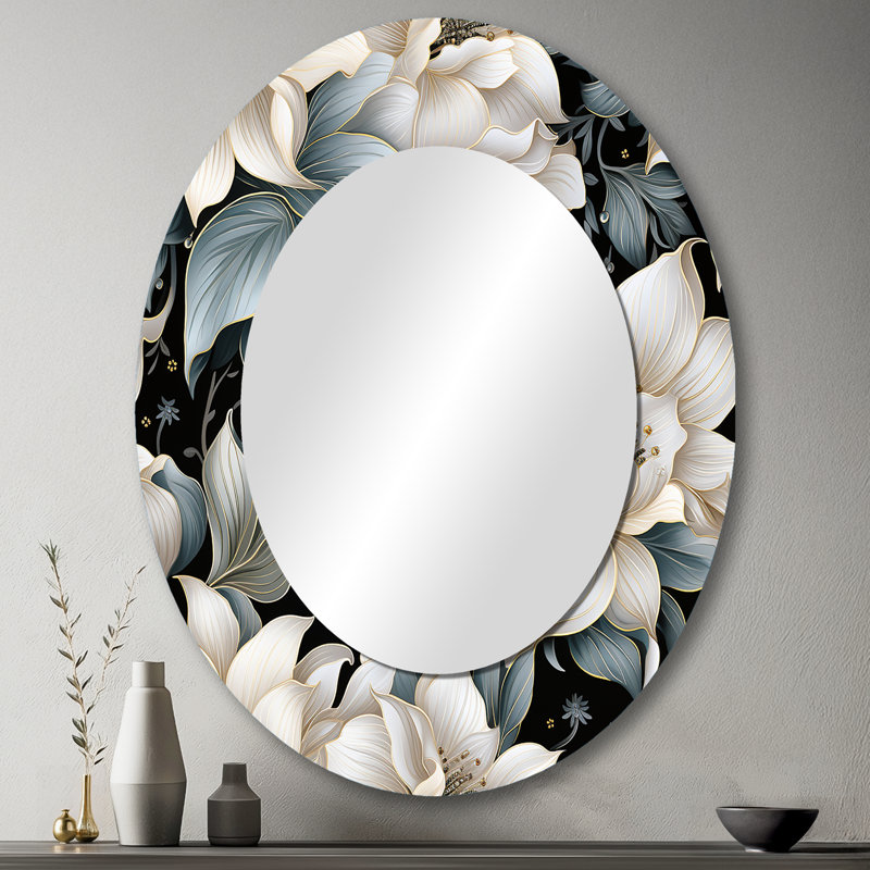 Motif de fleurs exotiques gris et blanc - miroir mural ovale traditionnel, H 43 po x l 33 po