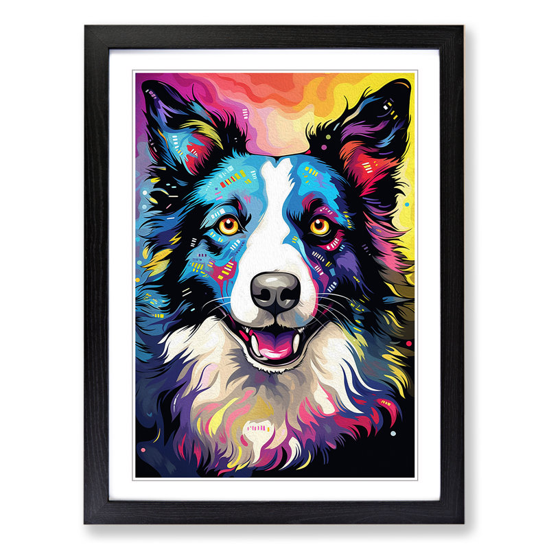 Border Collie Modern - Single Picture Frame Print on Wood, Black Framed, 64cm H x 46cm W x 2cm D