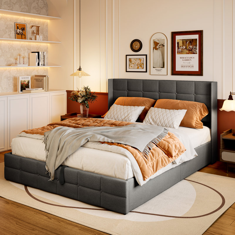 Minos 42â€ Upholstered Platform Bed with Headboard, Lift Storage, Hydraulic Design, Full, Dark Gray