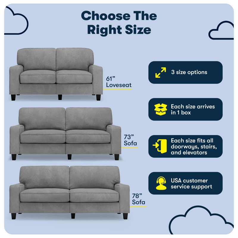 Serta Palisades 73" Track Arm Sofa, Easy Care Fabric, Soft Pillow Back, Pocket Coil Seat Cushions, Glacial Gray Microsuede