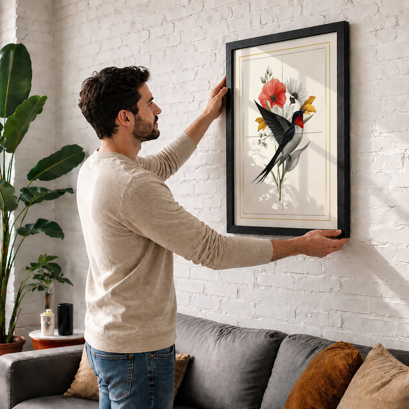 Bird Among Flowers Botanical - Framed Print, Unframed, A2 - 59.4 x 42.0 cm