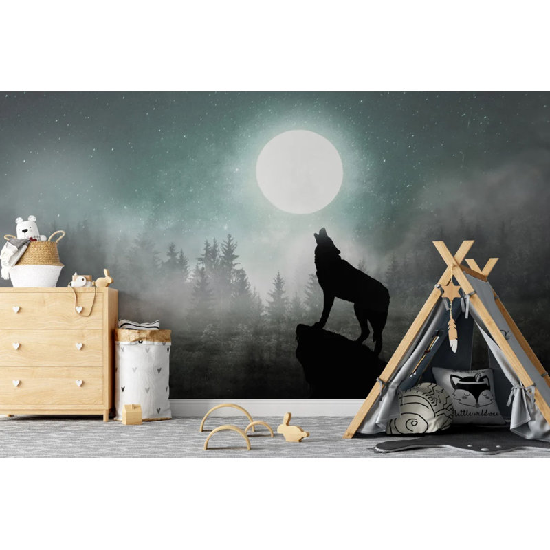 Wolf Midnight Wall Mural Moon Wallpaper, 94.92" L x 143" W
