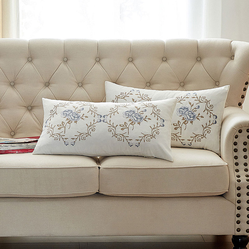 Floral Rectangular Lumbar Cushion Cover, Grey Blue