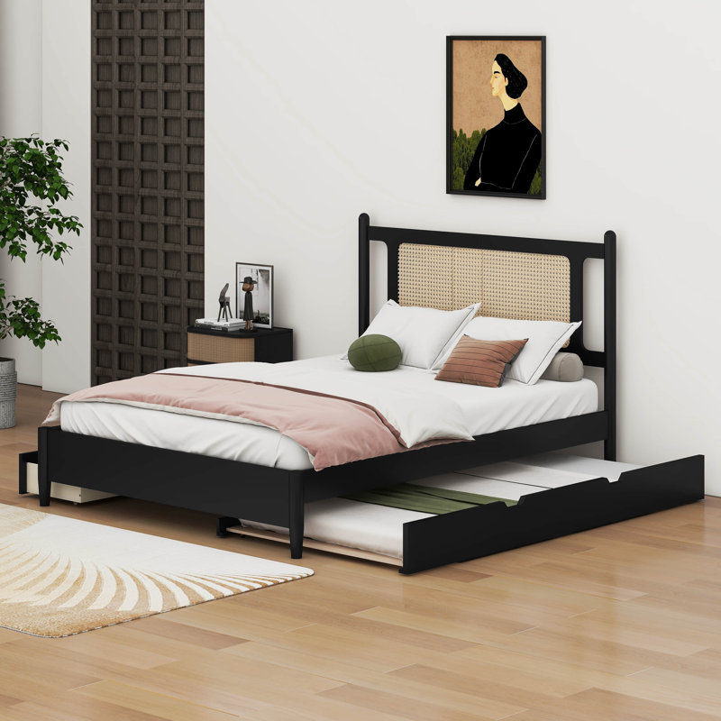 Grand lit plateforme en rotin Edwyn, avec 2 grands tiroirs, lit gigogne simple, Noir