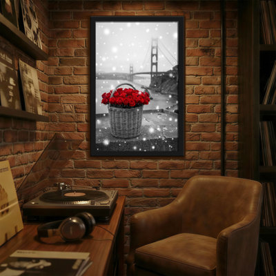 Plantes et fleurs, pont enneigé, roses rouges, scène de panier