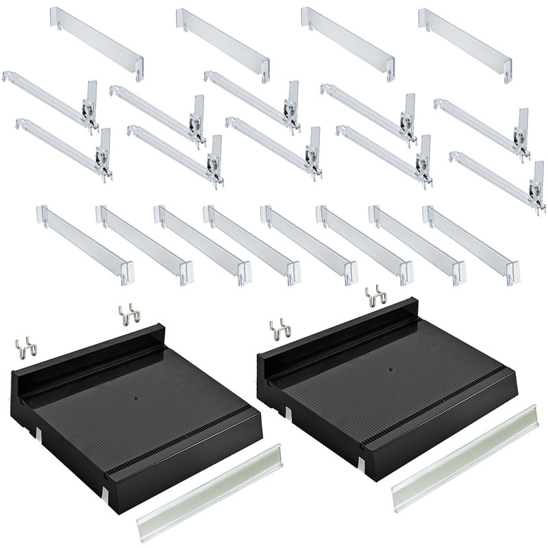 Adjustable Short Divider Bin Cosmetic Tray With Pushers - Customize Slot Size To Product, Clear, 2-Pack