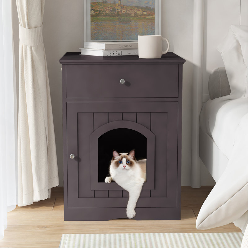 Enceinte en bois pour litière pour chat avec tiroir, table d'appoint, cage intérieure pour animal, table de chevet pour chat (brun)