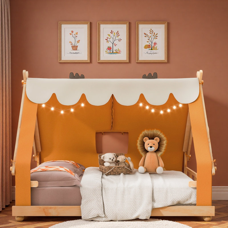 Lit maison avec tente et lumière, Lit double, Brun