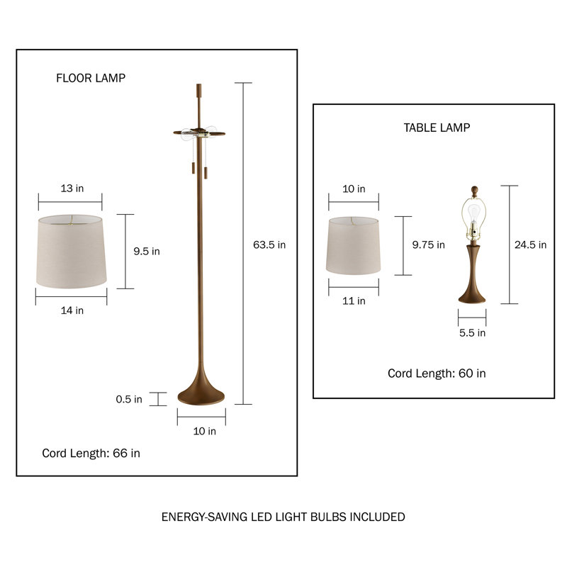 Feickert Table and Floor Lamps - 3 Piece Modern Metal Lights for Living Room, Bedroom, or Entry with Flared Base and LED Bulbs