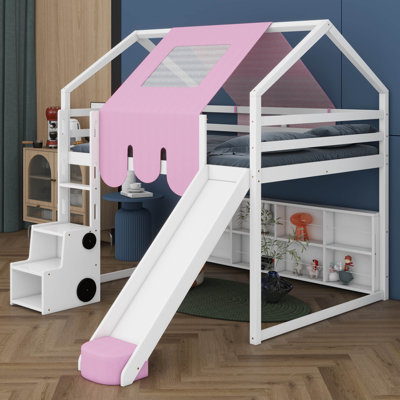 House Shaped Wood Loft Bed With Roof Frame,Tent, Slide, Underbed Storage Shelves And Ladder