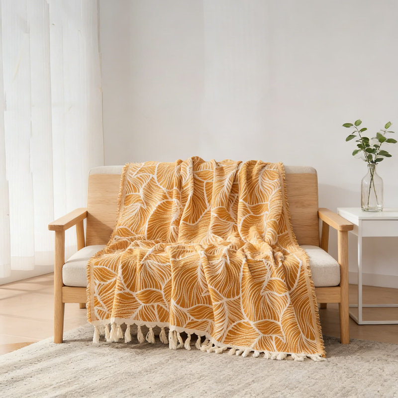 Jeté réversible en chenille et coton, couverture décorative tissée légère pour canapé, lit, canapé et utilisation extérieure avec bordure à pampilles