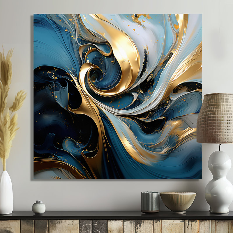 Abstrait bleu sarcelle vagues coucher de soleil doré - art mural abstrait salon, Métal métal, H 16 po x l 16 po x P 1 po