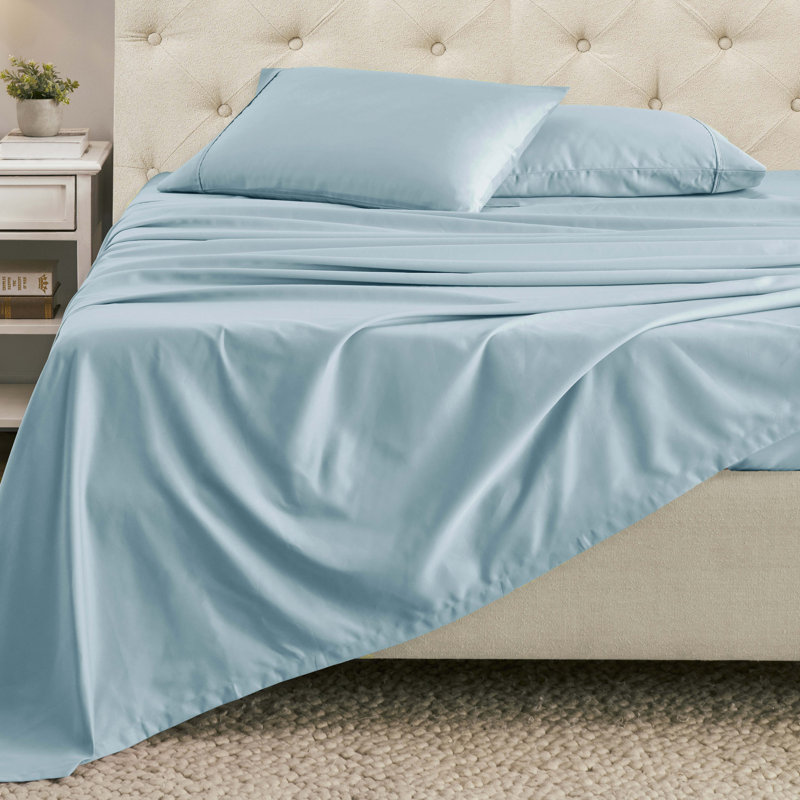 Ensemble de draps en mélange de coton 1500 fils Superior, Bleu clair, Ensemble de draps pour grand lit avec 2 taies d'or