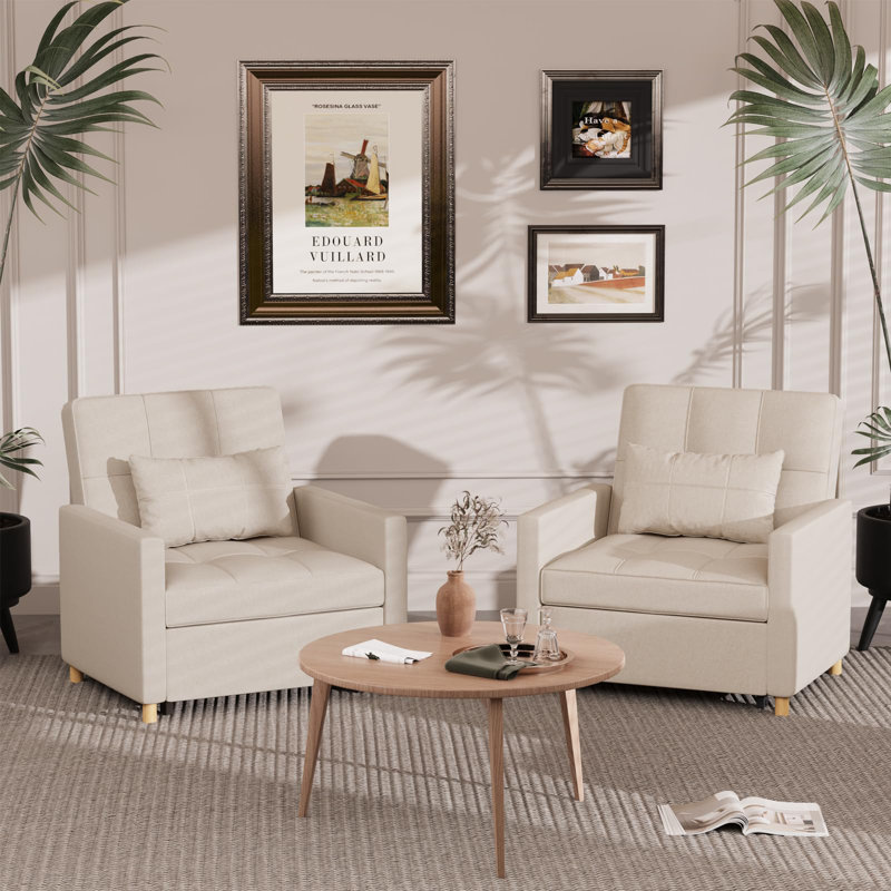 Beige Linen Convertible Sleeper Chair with Adjustable Backrest