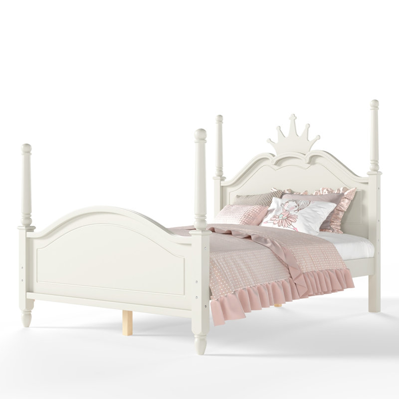 Cadre de lit à quatre colonnes avec tête de lit en forme de couronne, Beige