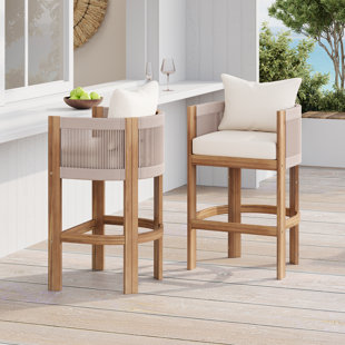 Saul Patio Seat Height Acacia Wood Bar Stools With Rope Back (Set of 2)