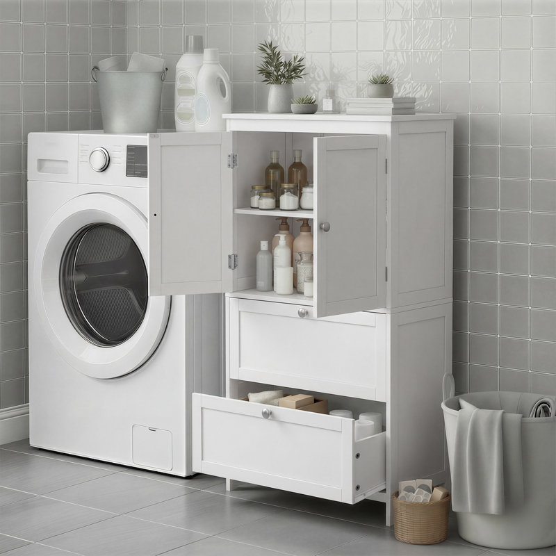43.5" H Floor Storage Cabinet, 2-Door and 2-Drawer Cupboard With Adjustable Shelves, White