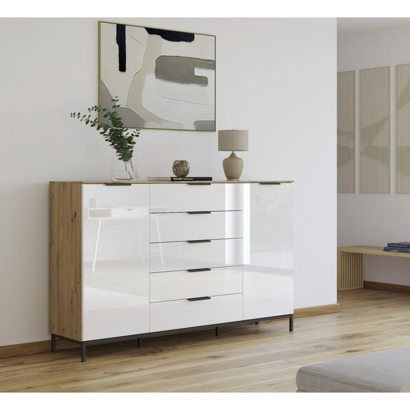 5 - Drawer Chest of Drawers, Artisan Oak/White Glass/Graphite