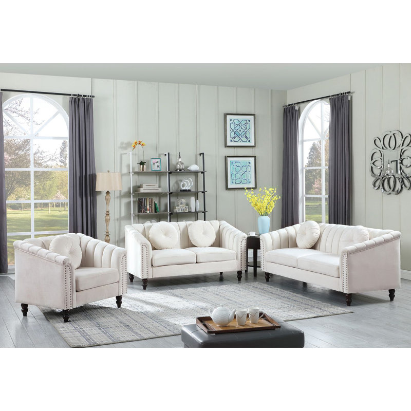 Ginelle 3-Piece White Microfiber Living Room Sofa Set