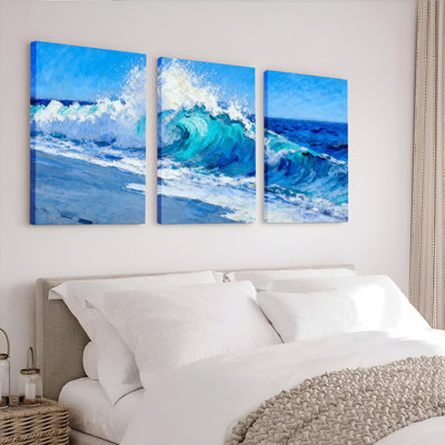 Ocean Wave Landscape Oil Painting Print Canvas Wrapped Wall Art Set of 3