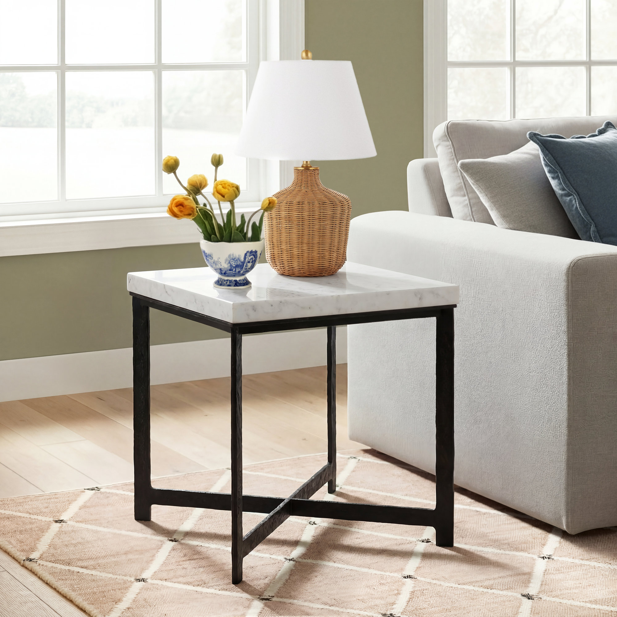 Nelida End Table-White Marble, White Top/Black Base