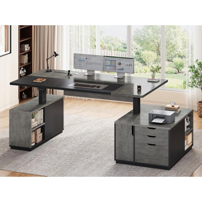 Bureau assis-debout électrique de direction de grande taille (77,1 po) avec 3 tiroirs et armoire de rangement