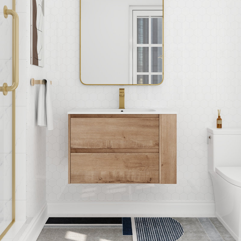 Serenita 30'' Wall-Mounted Single Sink Bathroom Vanity with Shelf and Two Drawers, Modern Wood Finish, Imitative Oak